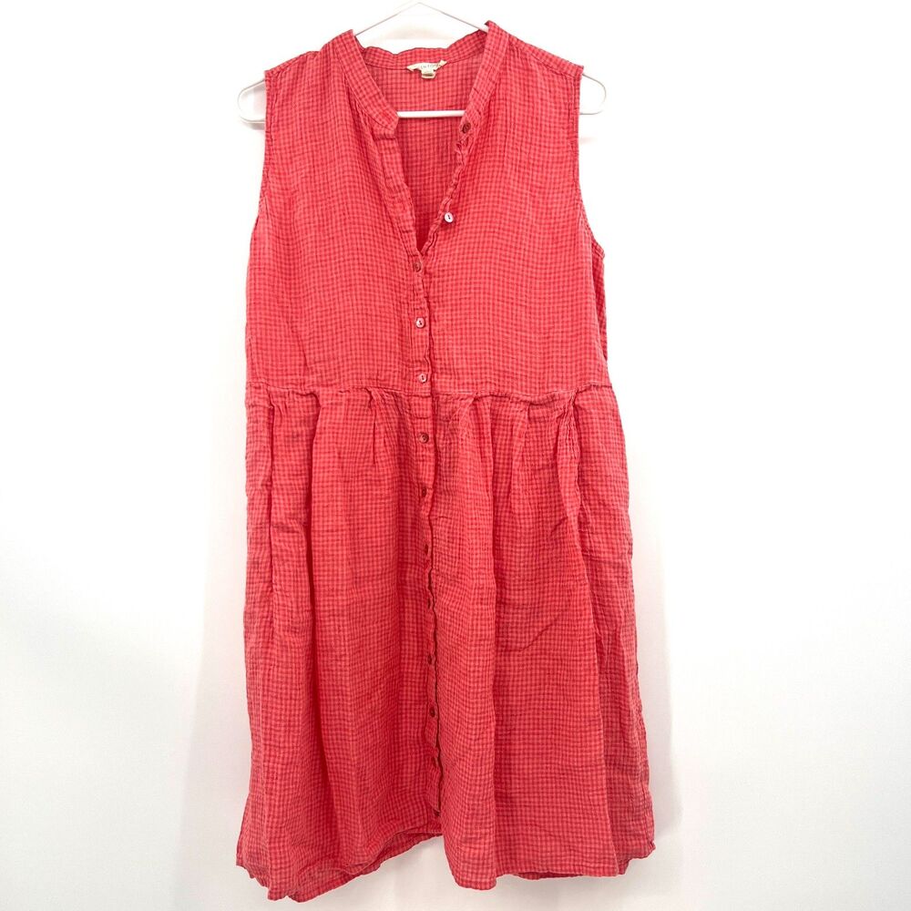Eileen Fisher XL Coral Pink Gingham Check Sleeveless Button Front Babydoll Dress